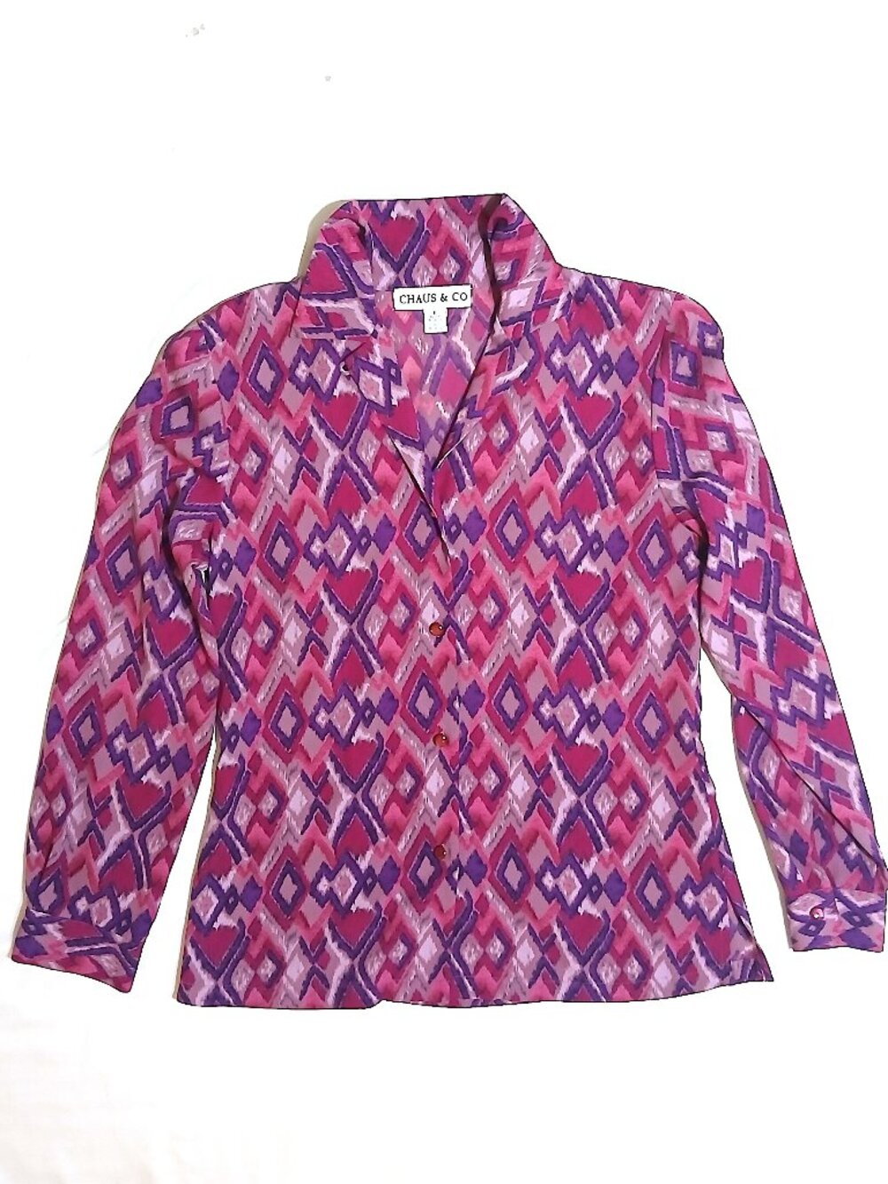 Chaus & Co Pink Purple Geometric Blouse Size 6 Button Front Career Top